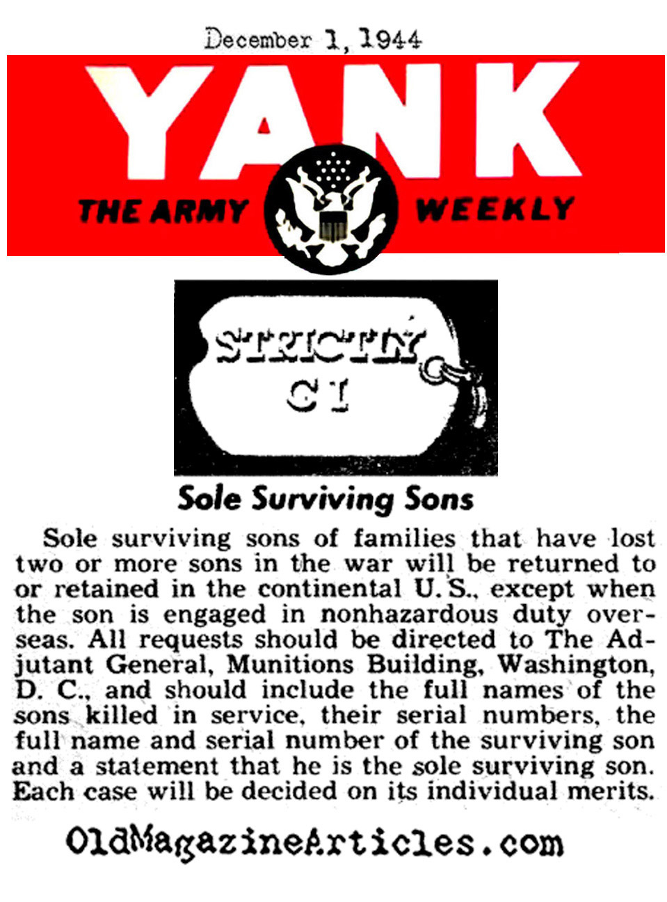 The Sole Surviving Son Rule  and ''Saving Private Ryan''   (Yank Magazine, 1944)
